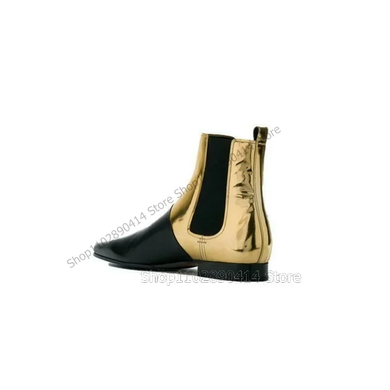 

Gold Patent Leather Splicing Black Leather Ankle Boots Fashion Slip On Men Boots Luxurious Handmade Party Office Men Dress Shoes