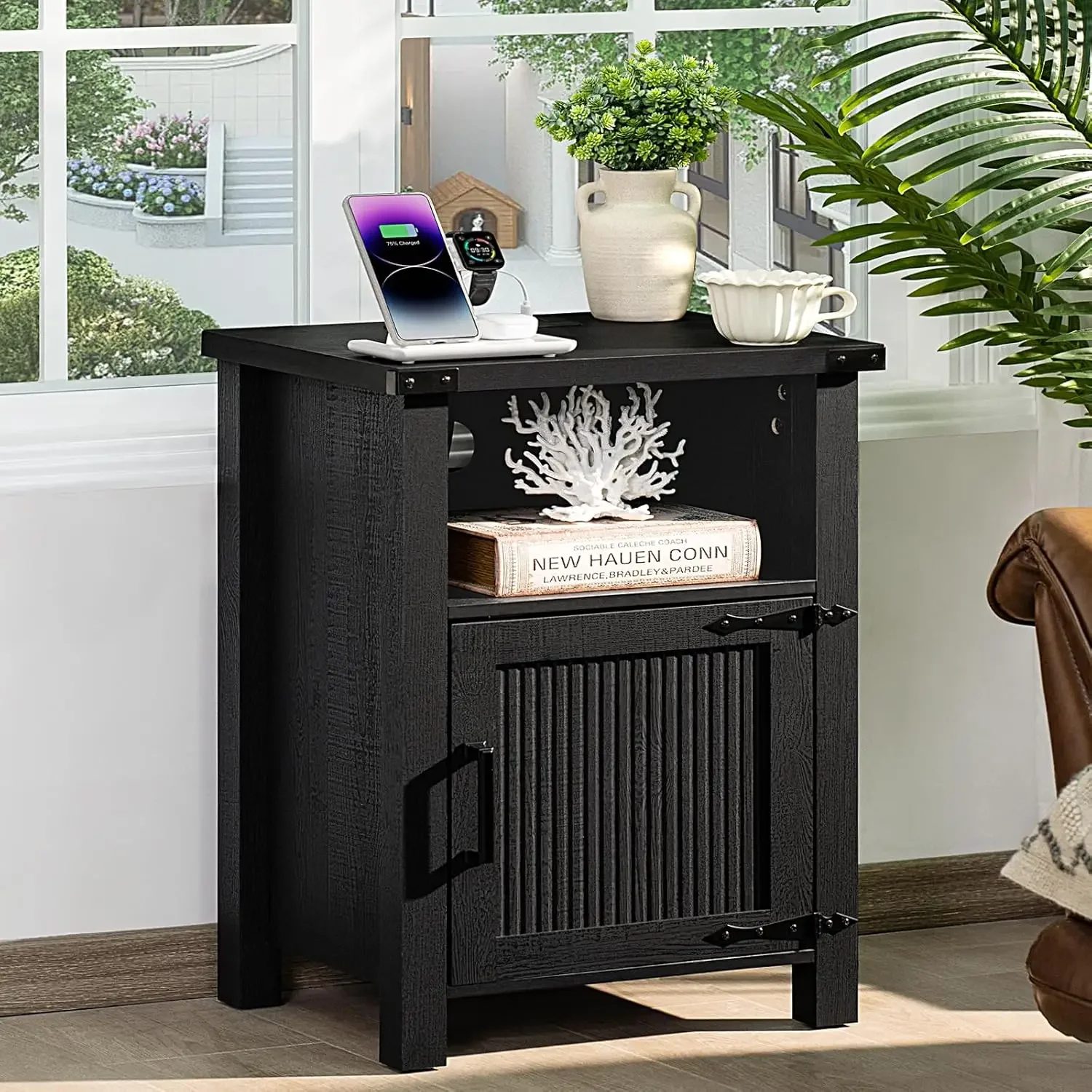 

Night Stand, 18 Inch Farmhouse Nightstand with with Charging Station and USB Port, Rustic Couch End Table with Magnetic Door