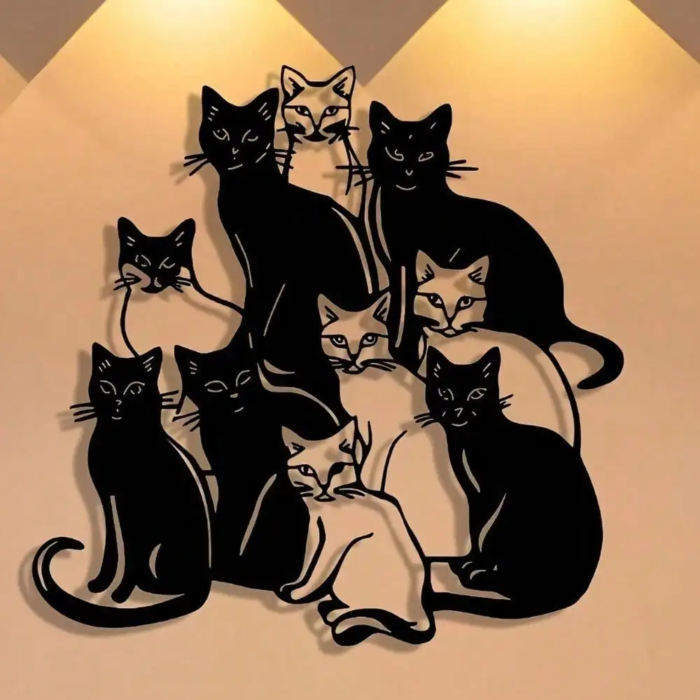 AuraGifts Handgefertigte Eisen-Wanddekoration - Niedliche Schwarze Katzen-Skulptur als Wohndekor-Geschenk