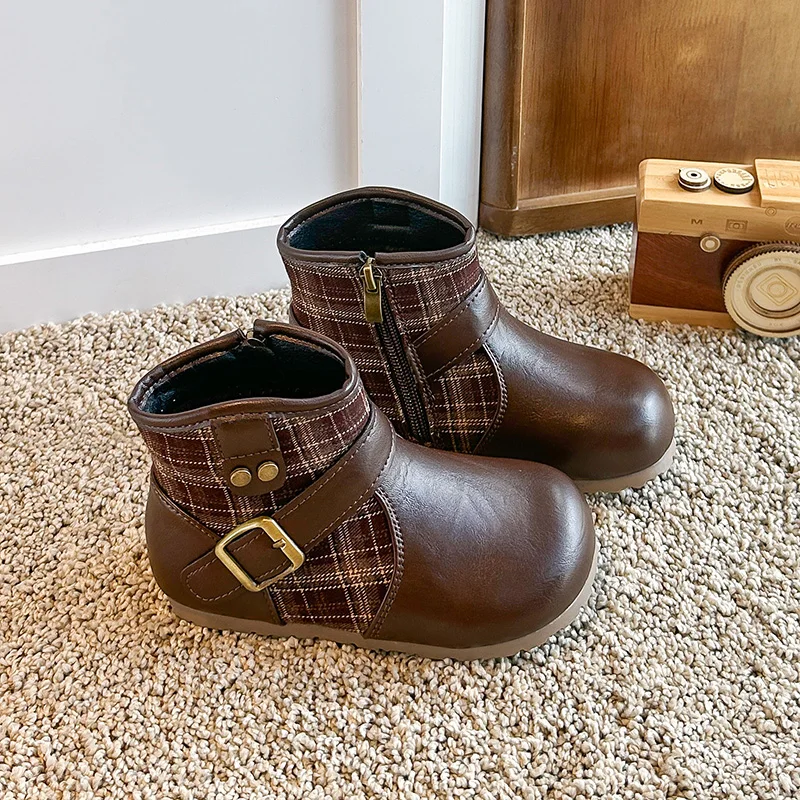 Kids Plaid Splicing Ankle Boots with Buckle Strap Side Zipper Warm Fleece Lining Girls Autumn Winter Short Boots Non Slip Sole
