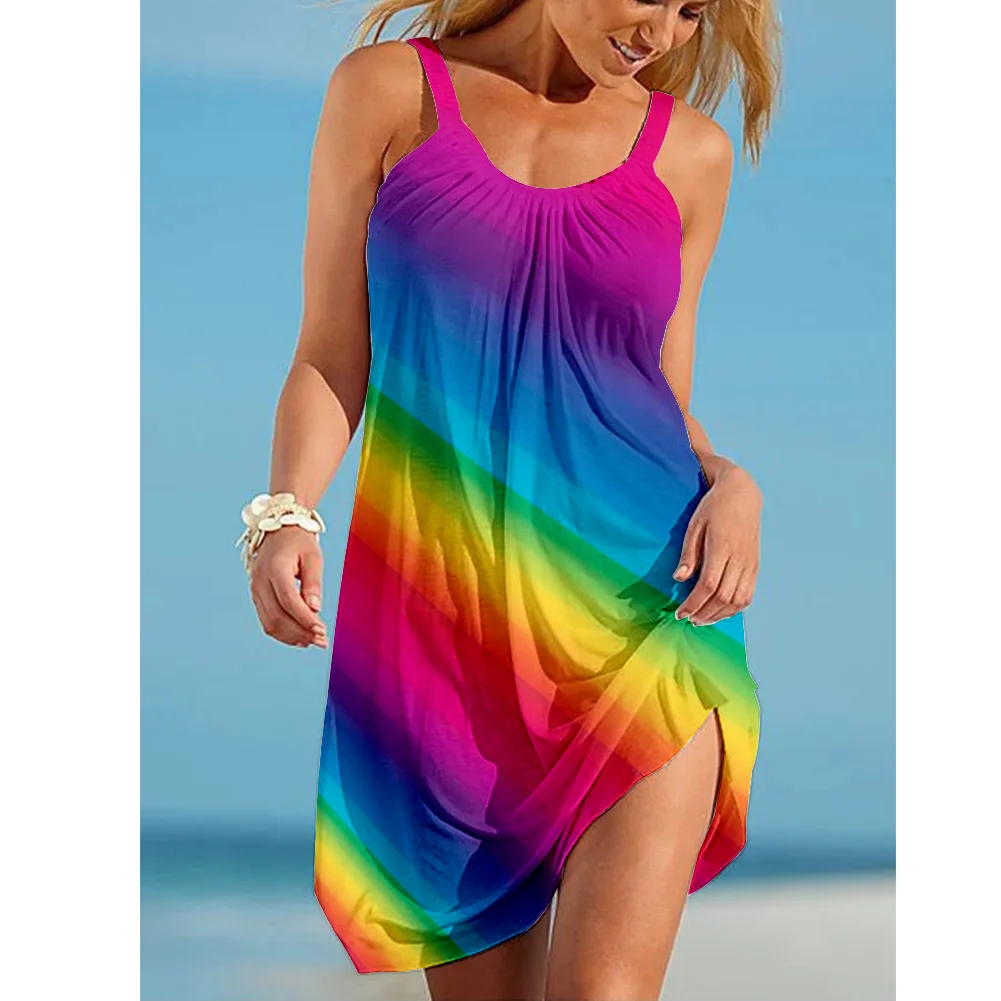 Summer 2022 Rainbow Color Printing And Painting Style Women's Sexy Wide Brimmed Suspender Dress