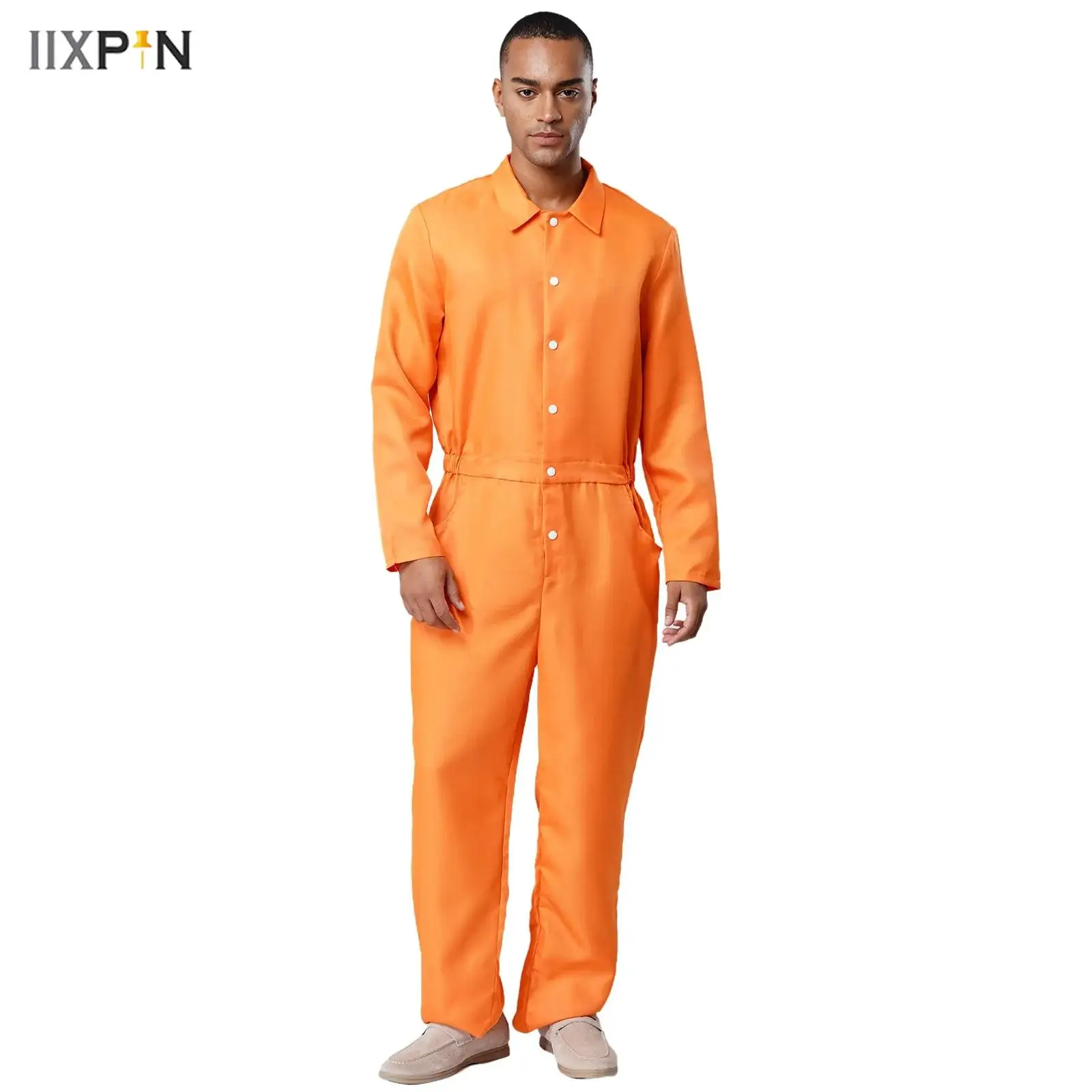 

Mens Womens Halloween Prisoner Cosplay Jumpsuit Long Sleeve Button-down One Piece Unitard Inmate Jail Uniform for Dress-up Party