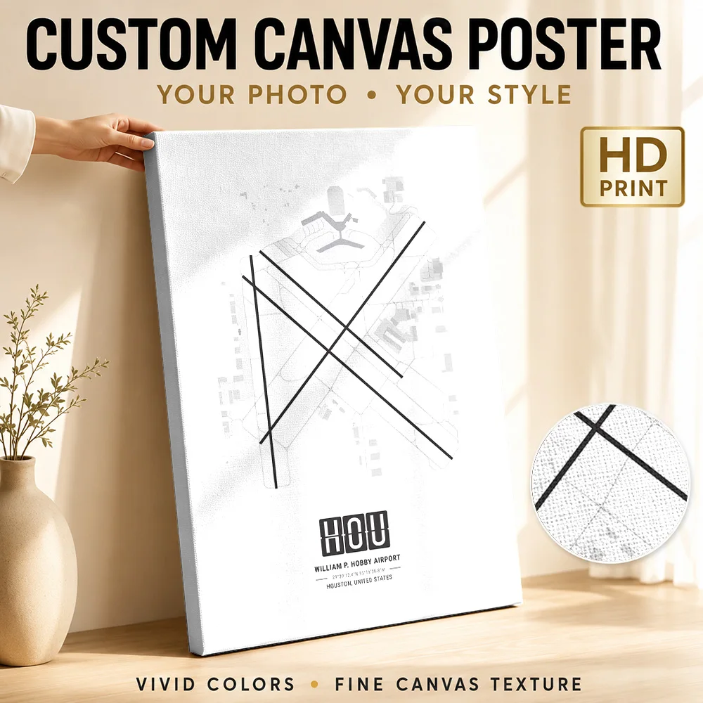 Houston Hobby Airport Map Gallery Wrapped Canvas Print Customized Photo Minimalist Geographic Linework Wall Art For Home Office
