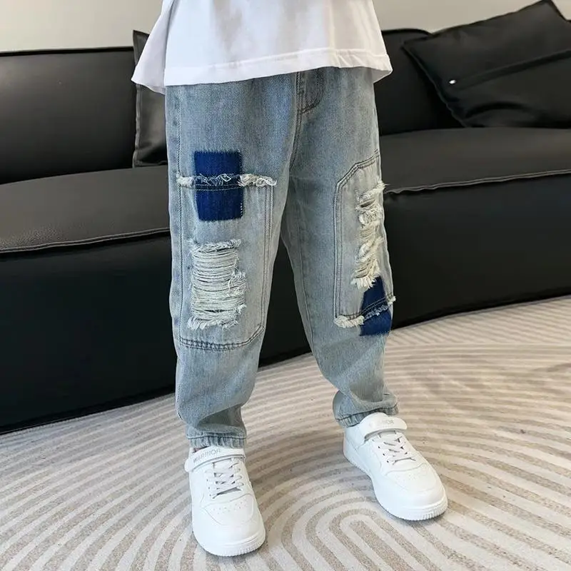 Boys Jeans Pants 2026 New Spring Autumn Casual Long Trousers Trendy Fashion Kids Clothing Big Children Streetwear