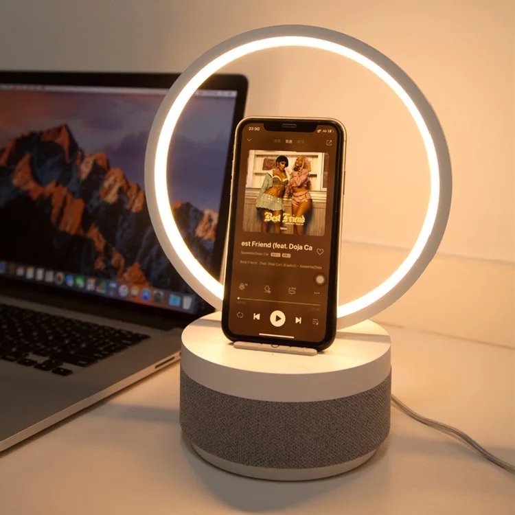 Fast Wireless Charger Round Shape Adjustable Light Multifunction Small Bedside Tables Lamp Speaker