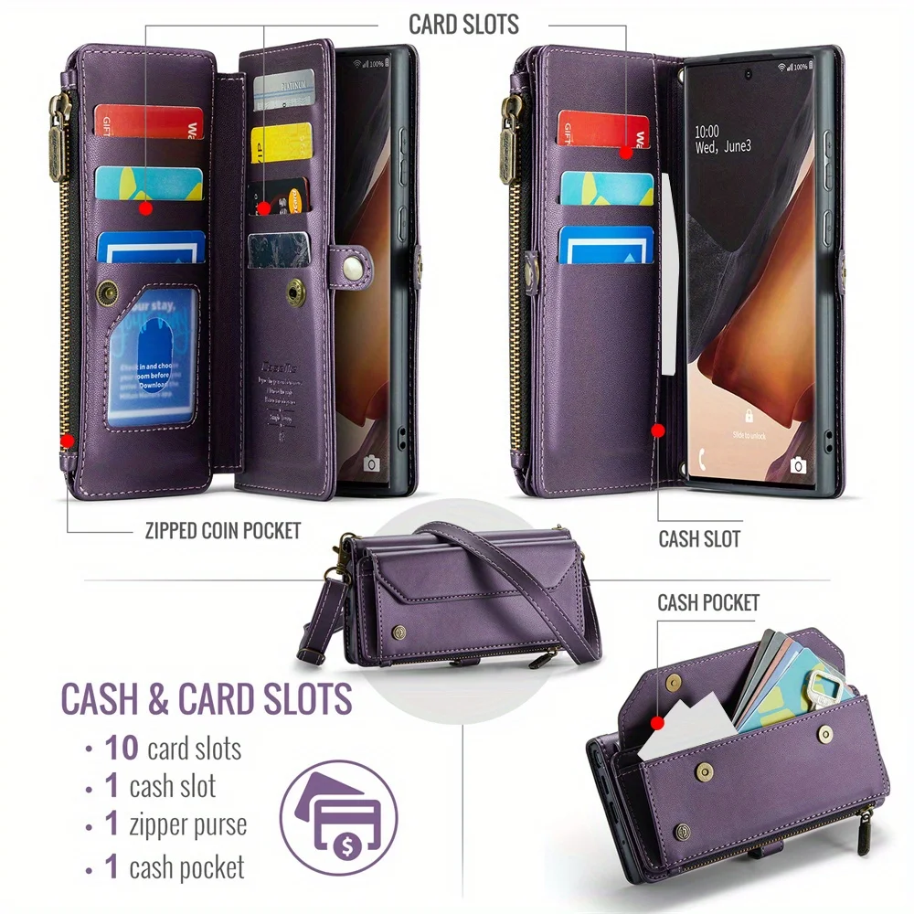 حافظة لهاتف سامسونج جالاكسي نوت 20 الترا 10 بلس، محفظة RFID مع فتحة 10 بطاقات، حافظة بحزام كتف مغناطيسي قابل للطي #4