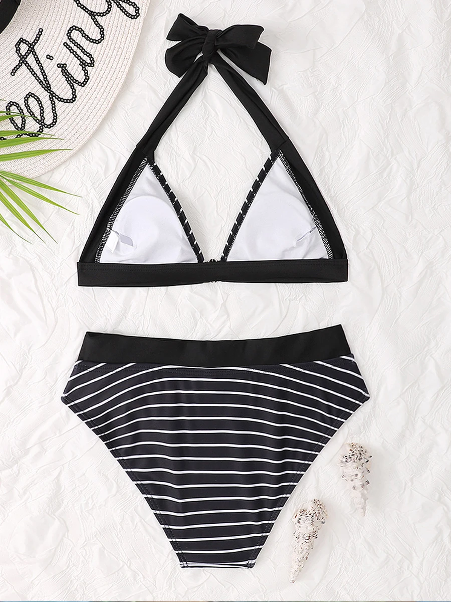 Halter Bikinis 2023 Women Striped Swimwear High Waist Swimsuit Female Push Up Beachwear Summer Tie Back Bathing Suit Swimming