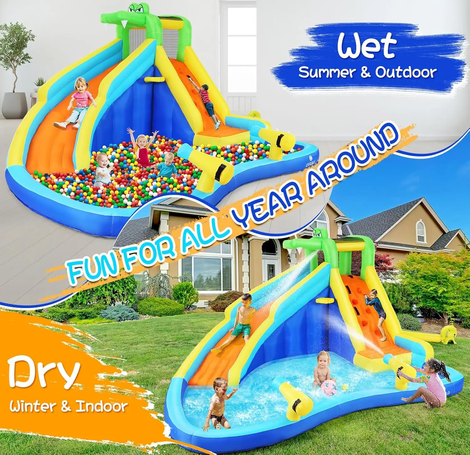 子供用インフレータブルウォータースライド、8in 1、ウォータースライド、450wブロワー付きインフレータブル、2つの銃、クライミングウォール、SPL、ウォーターパーク、152x138x89"