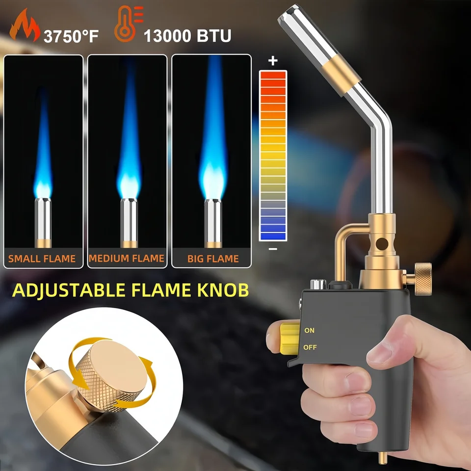 Propane Torch Head With Trigger Igniter – High Intensity Adjustable Flame For MAPP/Propane Gas, Welding, Soldering, Culinary, Melting Ice, With Continuous Burn Lock