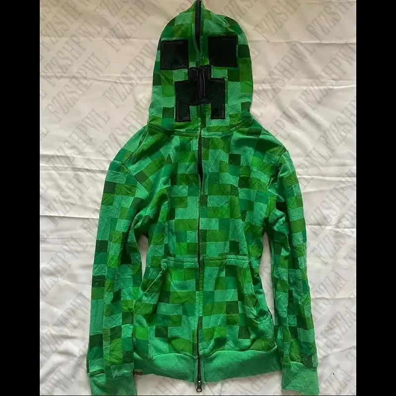 Premium Cosplay Outfit EMO Y2K Zip up Lattice Harajuku Graphic Print Hip Hop Loose Jacket Retro Gothic Top Casual Punk Zipper Ho