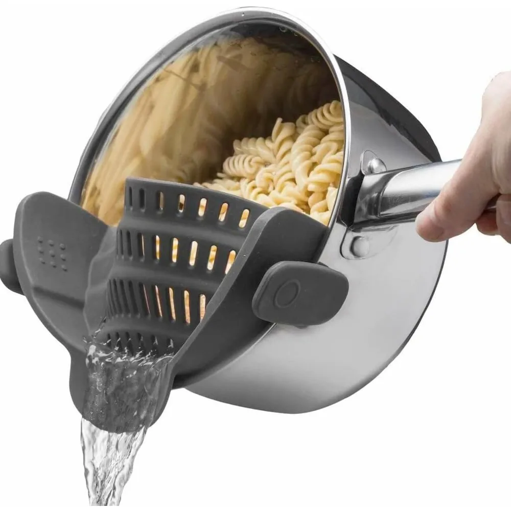 

Silicone Pasta Strainer Clip-On Snap N' Strain - Heat Resistant Kitchen Gizmo for Pots & Pans, Space Saving Colander Gadget,