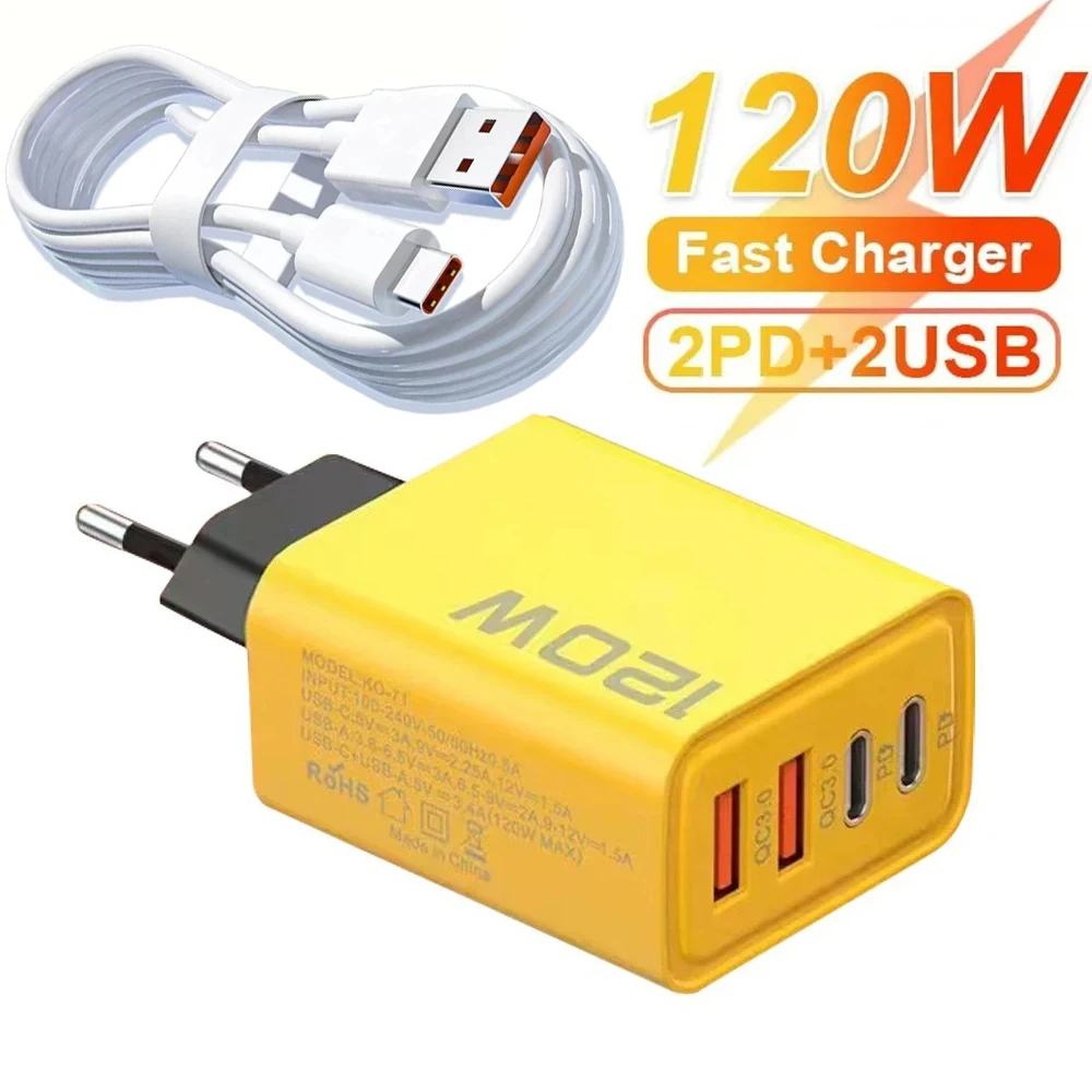 120 واط 4 ميناء USB نوع C شاحن شحن سريع كابل بيانات USB شاحن الهاتف محول الطاقة شحن سريع 3.0 الاتحاد الأوروبي الولايات المتحدة التوصيل الجدار شاحن