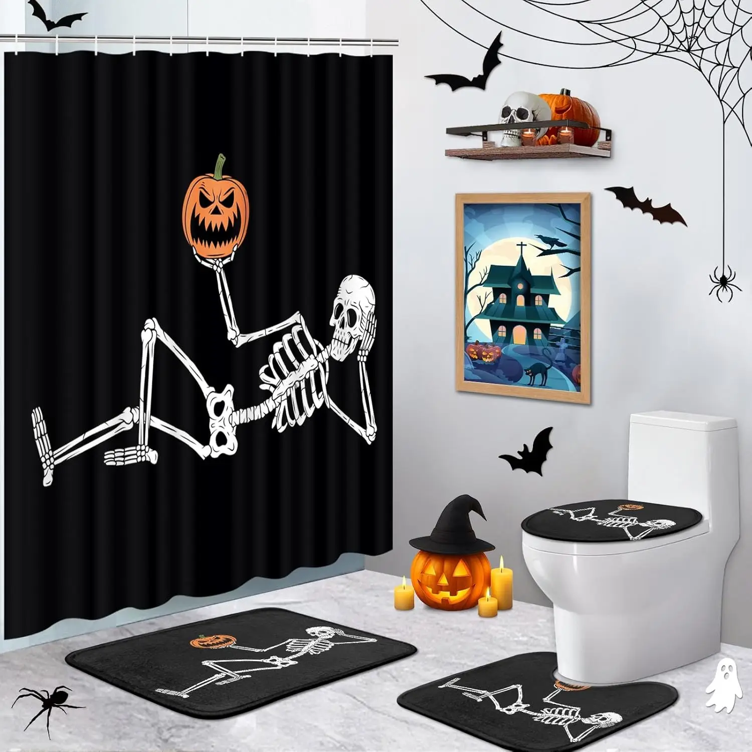 Halloween Shower Curtain Sets with Rugs Halloween Skeleton and Pumpkins Bathroom Set with Non-Slip Rug, Toilet Lid Cover