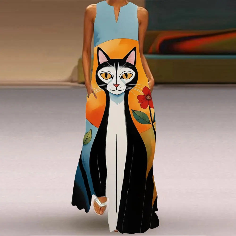 2024 New Fashion Women's Summer Casual Dress Fun Painting Cat Print Party Dress Sexy V-Neck Sleeveless Women's Vest Dress