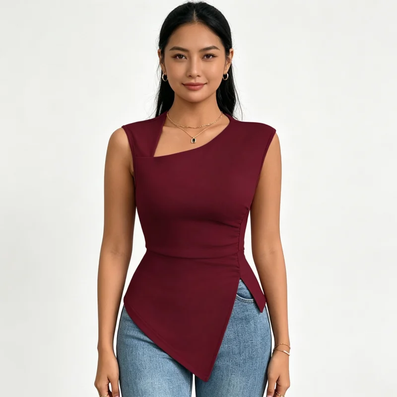 Women's Sleeveless Top, Asymmetrical Design Side Slit Shirt, Elegant Casual Commuting Solid Color Vest
