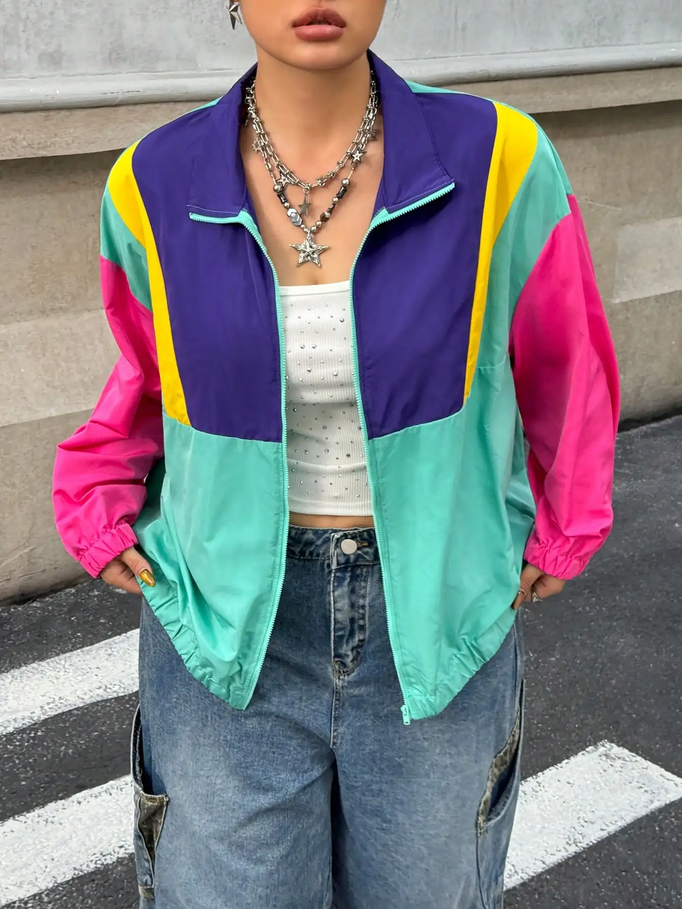 

Куртка-ветровка в стиле Y2K с цветовыми блоками для женщин, повседневный уличный стиль