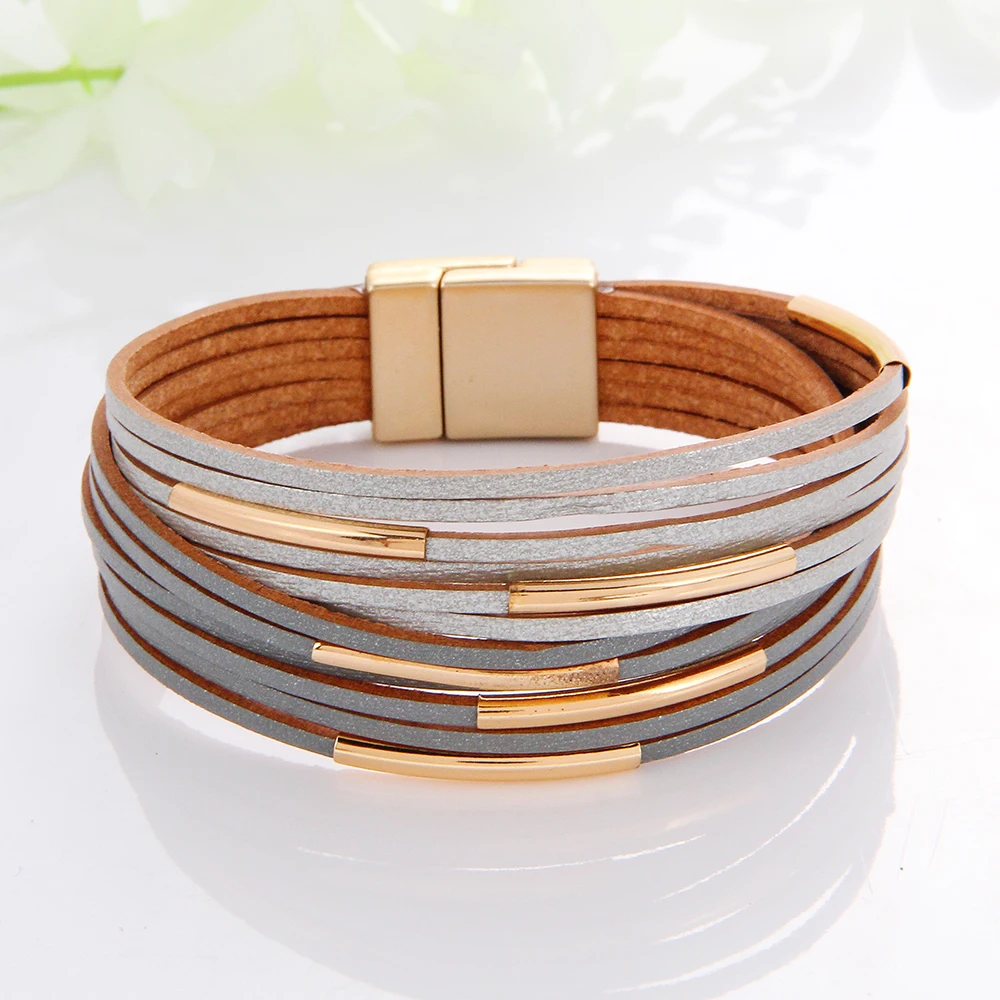 WYBU Multilayer Leather Women\'s Bracelet Metal Copper Tube Leather Wound Magnet Buckle Bracelet Exquisite Color Matching Jewelry