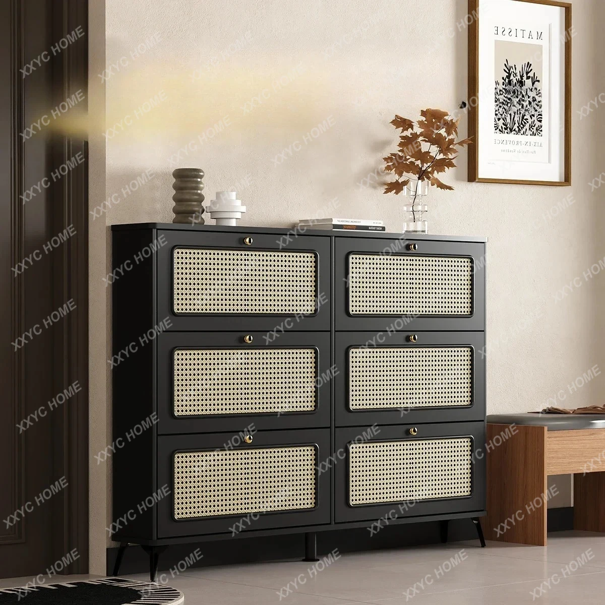 L Black solid wood shoe cabinet rattan ultra-thin entry very narrow large capacity entrance cabinet storage against the wall