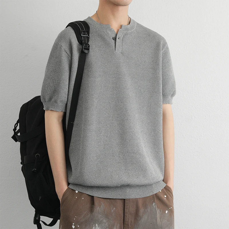 

Мужской базовый вязаный свитер с коротким рукавом, повседневный, универсальный, осенне-зимний, теплый, для ношения под одеждой, свободного кроя, удобный, из полиэстера и хлопка.
