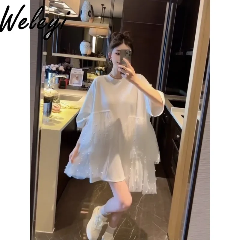 Large Size Beautiful White Tee Dresses with Pearls Mesh Summer Women's Gentle Lace Splicing Short Sleeve Short T-Shirt Dresses