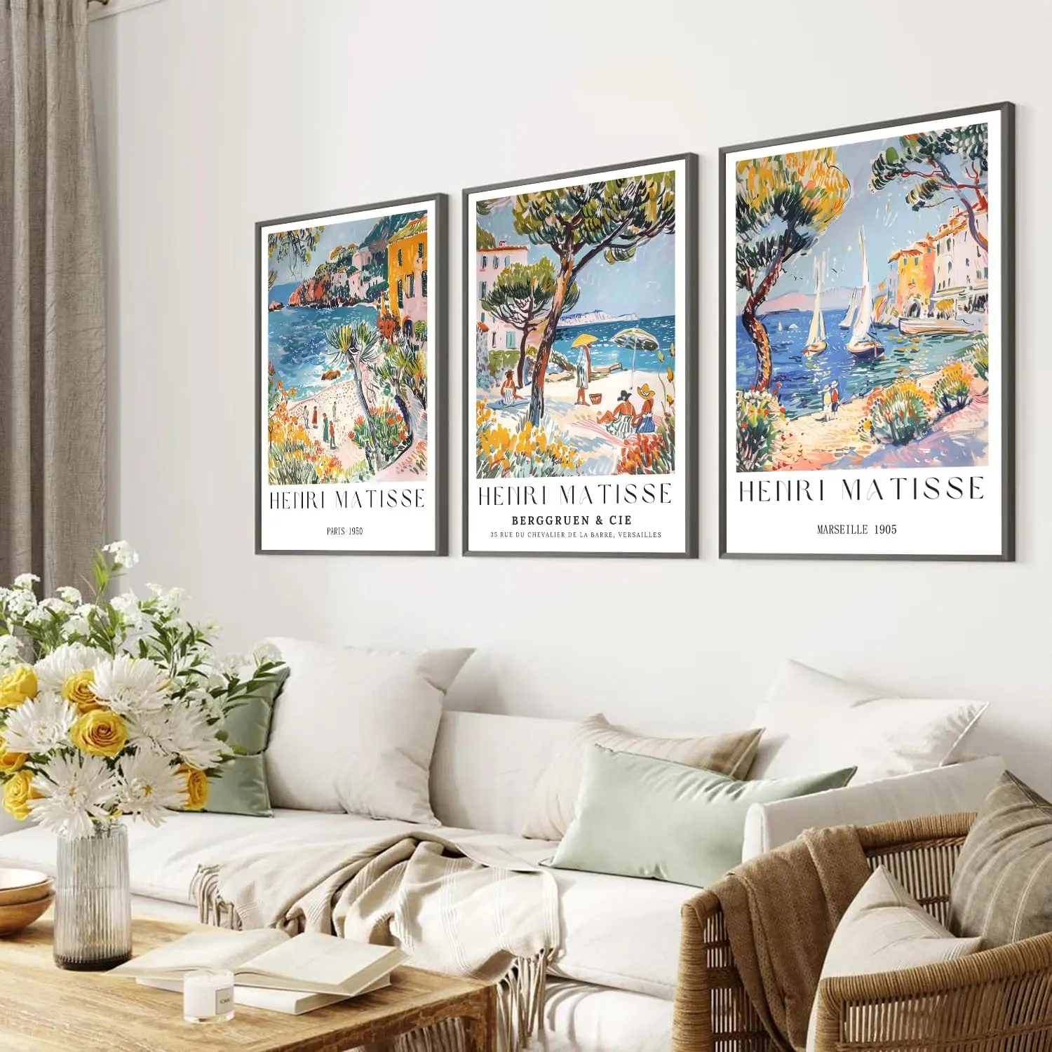 3 Pieces/Set Retro Beach Tourist Wall Art Collection 3 Henry Matisse European Italian Canvas Painting Poster Printing Trendy Modern Landscape Wall Decoration Aesthetics