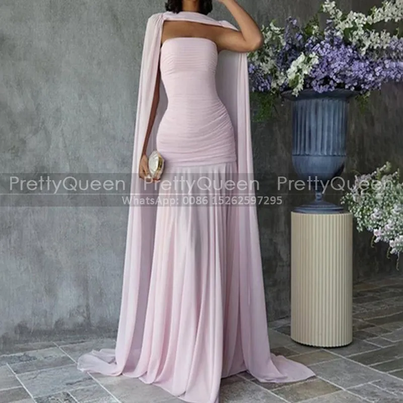 

Mermaid Evening Dress Long Cloak Shawl Strapless Customized Flowy Chiffon Sheath Prom Dresses Party For Women