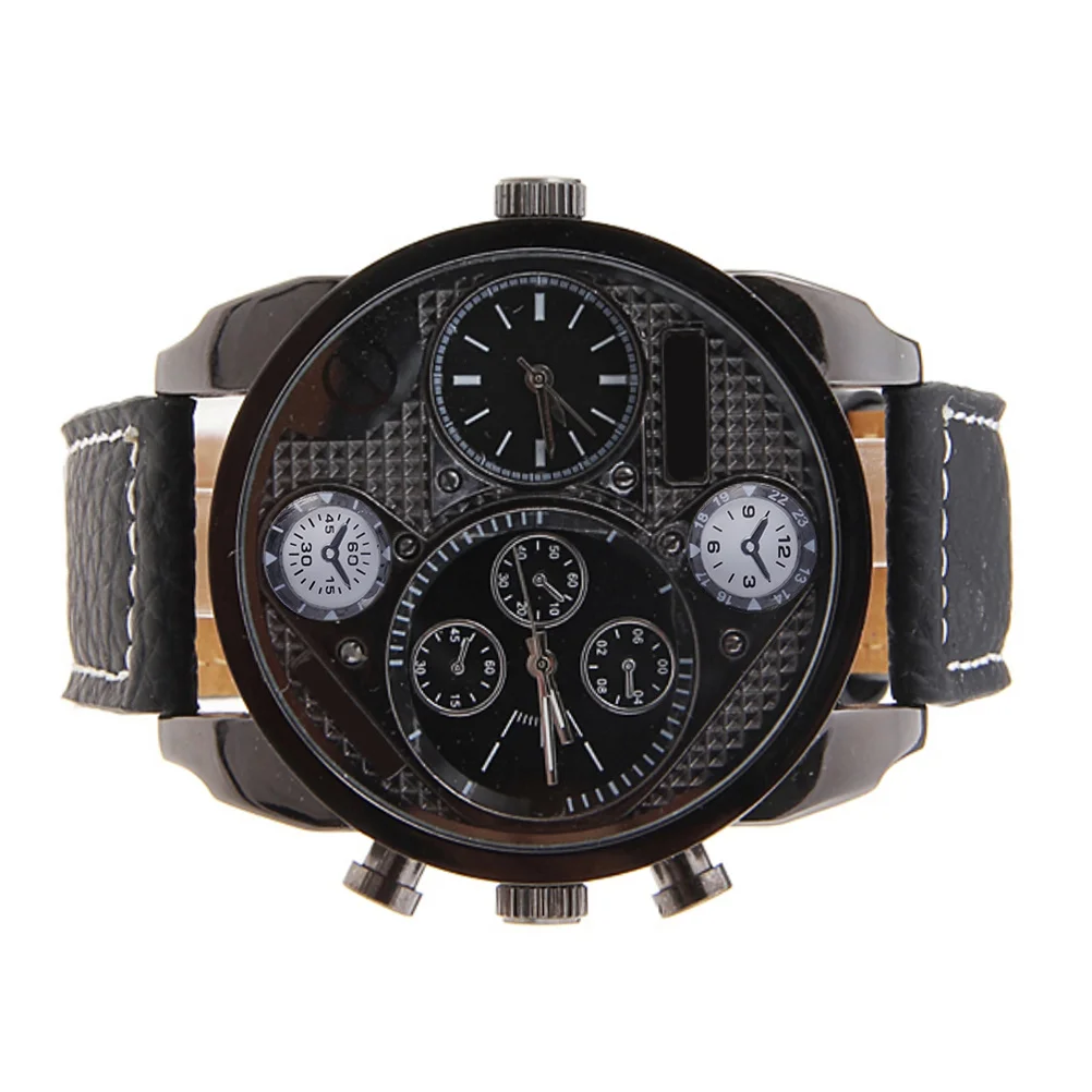 9316 ساعة كوارتز بمينا دائري كبير للرجال وعرض مزدوج للوقت، سوار PU أسود، 2 حركات دقيقة، 5 أقراص زخرفية متينة