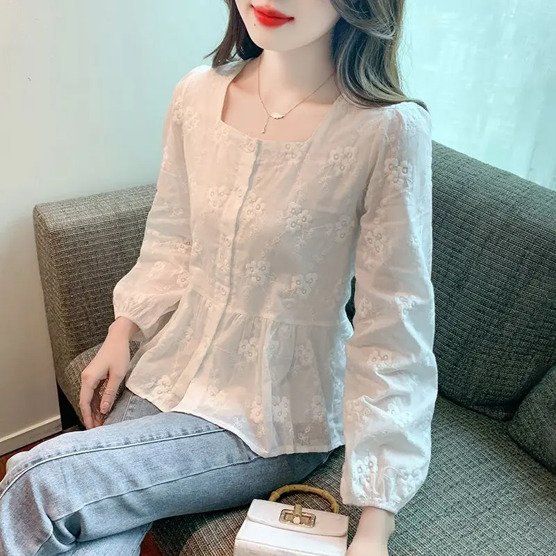 Spring Autumn New Solid Color Shirt Women Square Neck Fashion Long Sleeve Button Patchwork Cardigan High Street Embroidered Tops