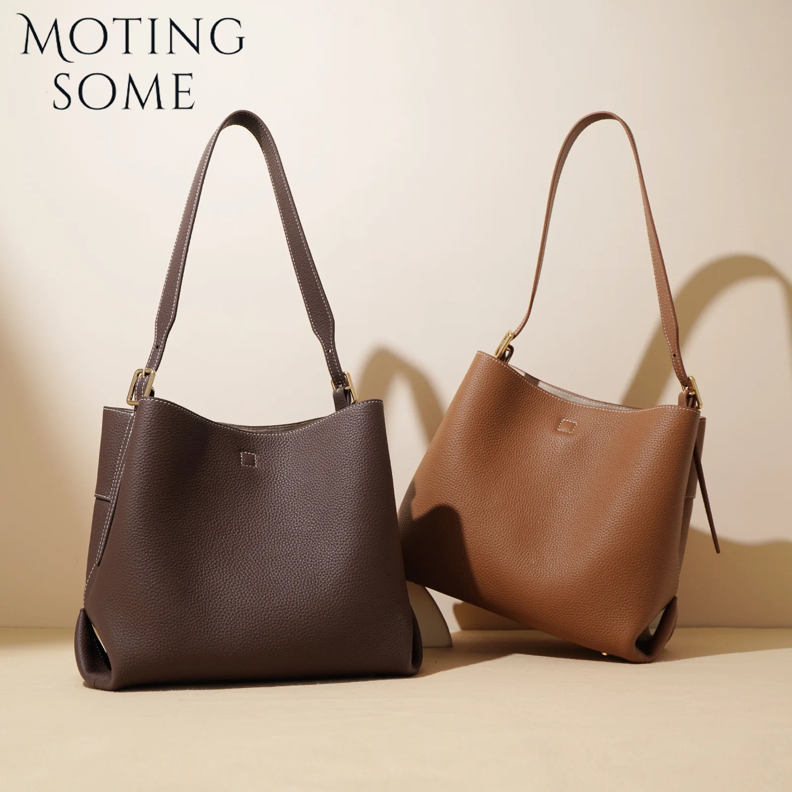 Motingsome Winter Bags Woman Luxury First-layer Calfskin Eather Bucket Bag Large Capacity Shoulder Handbagcasual Tote Lady 2024