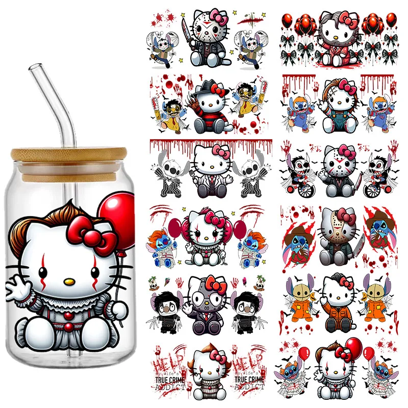 

Miniso Хэллоуин Hello Kitty 16 унций УФ DTF чашка обертки переводная наклейка для стеклянной банки Libbey бутылка самоклеящаяся моющаяся DIY на заказ