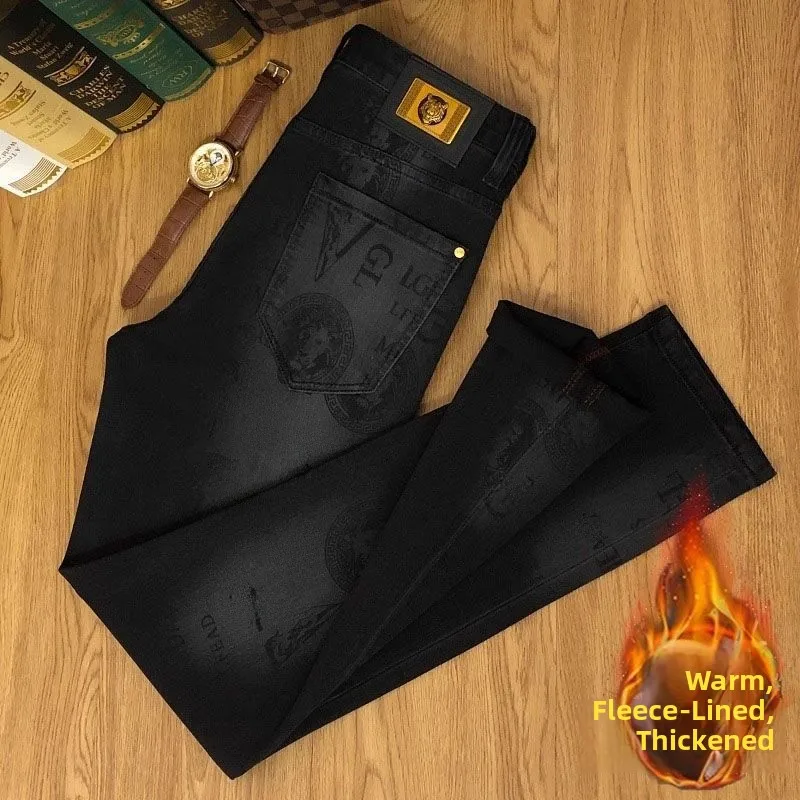 

Мужские джинсы с подкладкой, зауженные, с принтом, на резинке, повседневные брюки, модные брюки-клеш, длинные брюки с высокой талией, молодежные