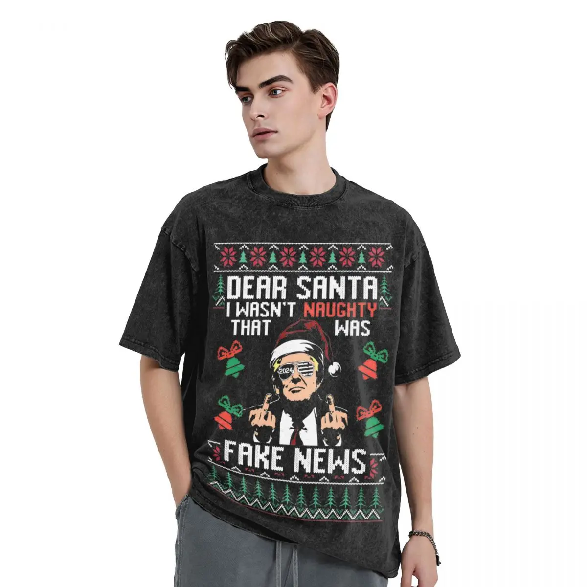 Donald Trump Ugly Christmas Dear Santa Washed T Shirt Streetwear T-Shirts I Wasn't Naughty Tee Shirt Men Women Graphic