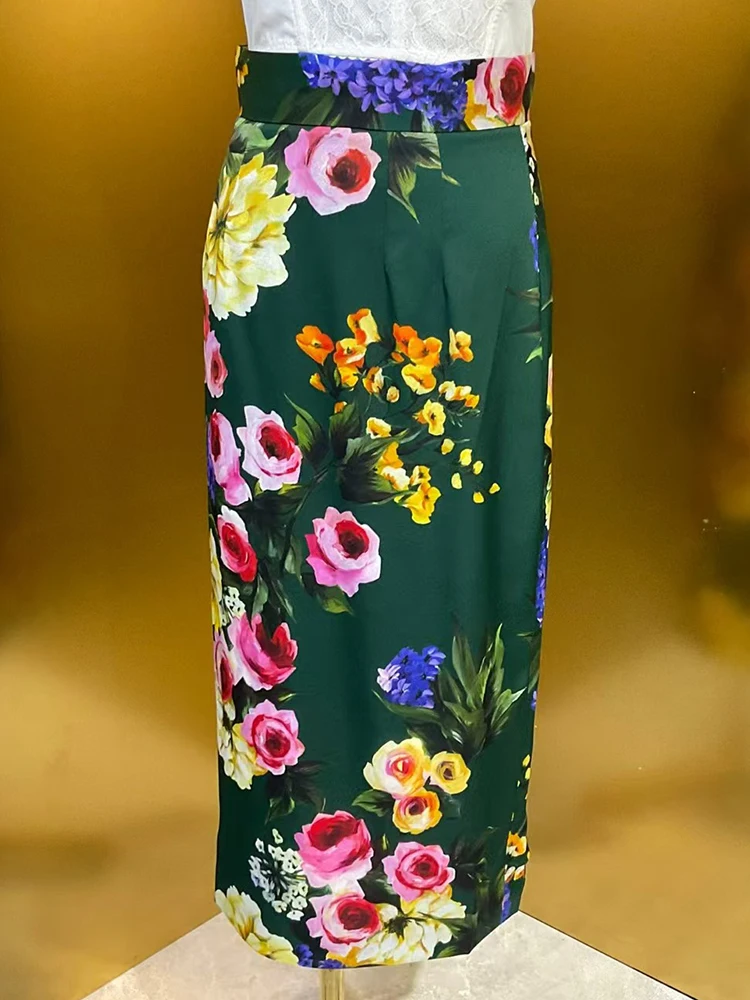 2025 Spring women's new vintage printed high-waisted 19 m double bridge silk skirt fashion everything tight wrap hip skirt