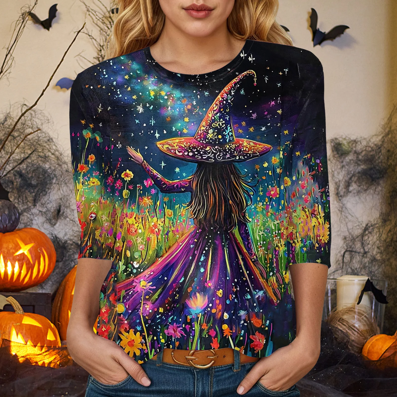 

Halloween witch pattern 3D printed women's shirt autumn long sleeved T-shirt pullover street casual women's plus size clothing
