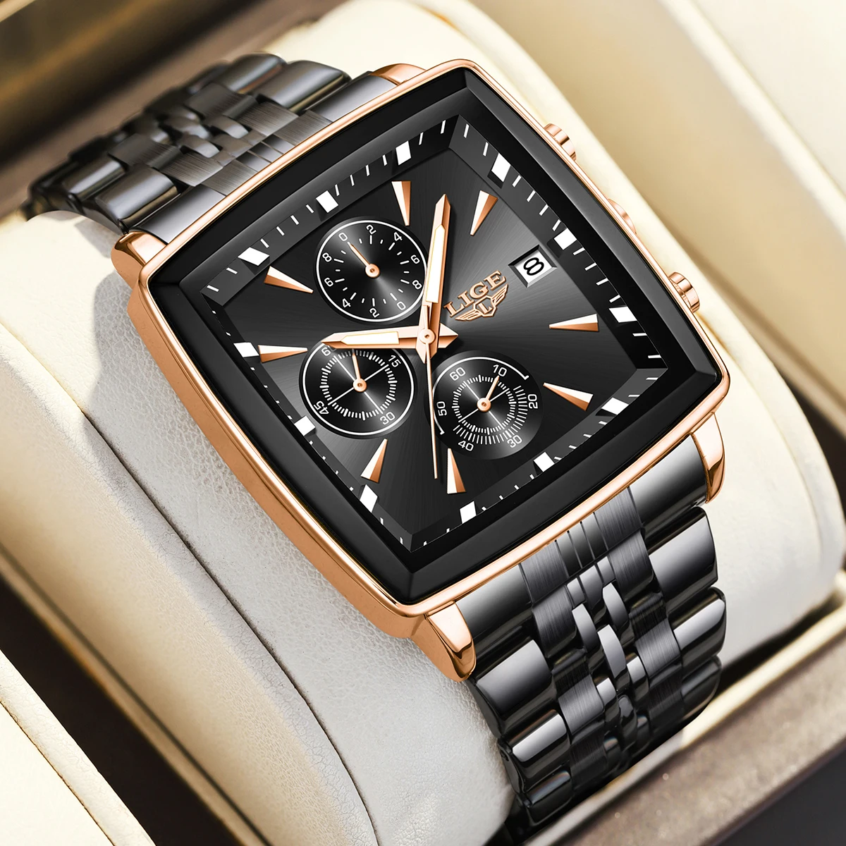 LIGE New Luxury Men's Watches Fashion Dial Stainless Steel Waterproof Luminous Auto Date Chronograph Quartz Watch for Men+Box