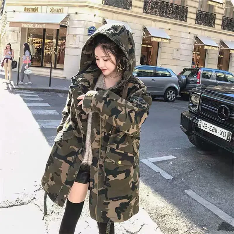 2023 Winter New Camouflage Cotton Parkas for Women Thickened Long Style Fashion Korean Version Cargo Cotton Padded Coat Clothes