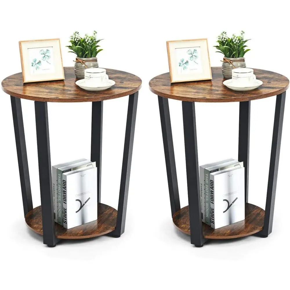 

2-Tier Metal End Table with Storage Shelf, Rustic Brown Accent Furniture for Living Room or Bedroom