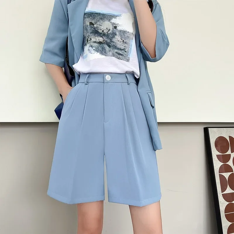 Korean Style Fashion Suit Shorts Summer New High Waisted Slimming Loose Wide Leg Pants Casual Women's Five Quarter Pants