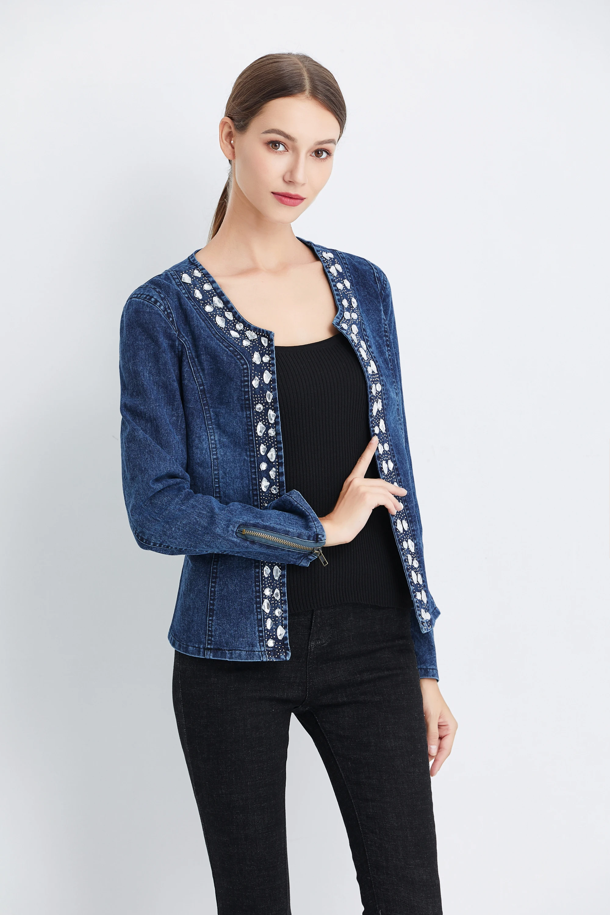 FMFSSOM New Spring Antumn Denim Jackets Vintage Diamonds Casual Coat Women's Denim Jacket Basis Tops Outerwear Jeans image 6