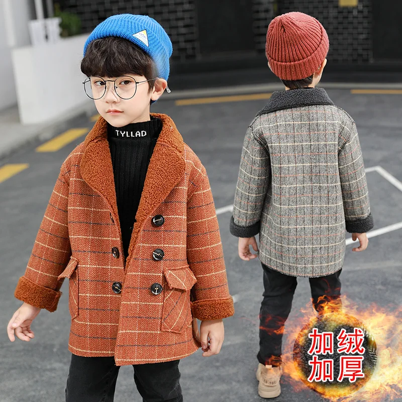 

Boys' woolen coat 2024 autumn coat in children's foreign style long woolen coat for children plus fleece thickened winter coat