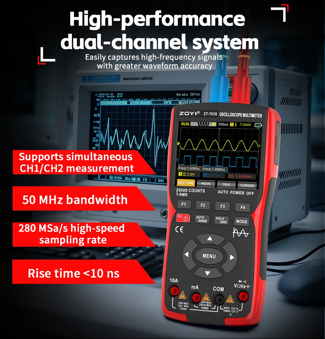 ZOYI ZT-703S 50MHz Zweikanal-Oszilloskop-Multimeter 3-in-1 Signalgenerator für PCB-Stromversorgung und Kfz-Elektronik-Reparatur – Detail 13