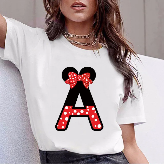 Disney Kawaii Mickey Mouse ABCDEDFHI Letters Graphic Women T-Shirt Cute Summer Blouses Loose White O-Neck Tees Short Sleeve Tops