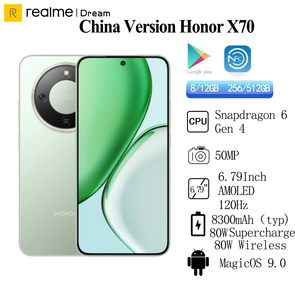 العلامة التجارية الأصلية الجديدة النسخة الصينية Honor X70 Snapdragon 6 Gen 4 بطارية 8300mAh 80W SuperCharge 6.79 "50MP كاميرا خلفية OIS #1