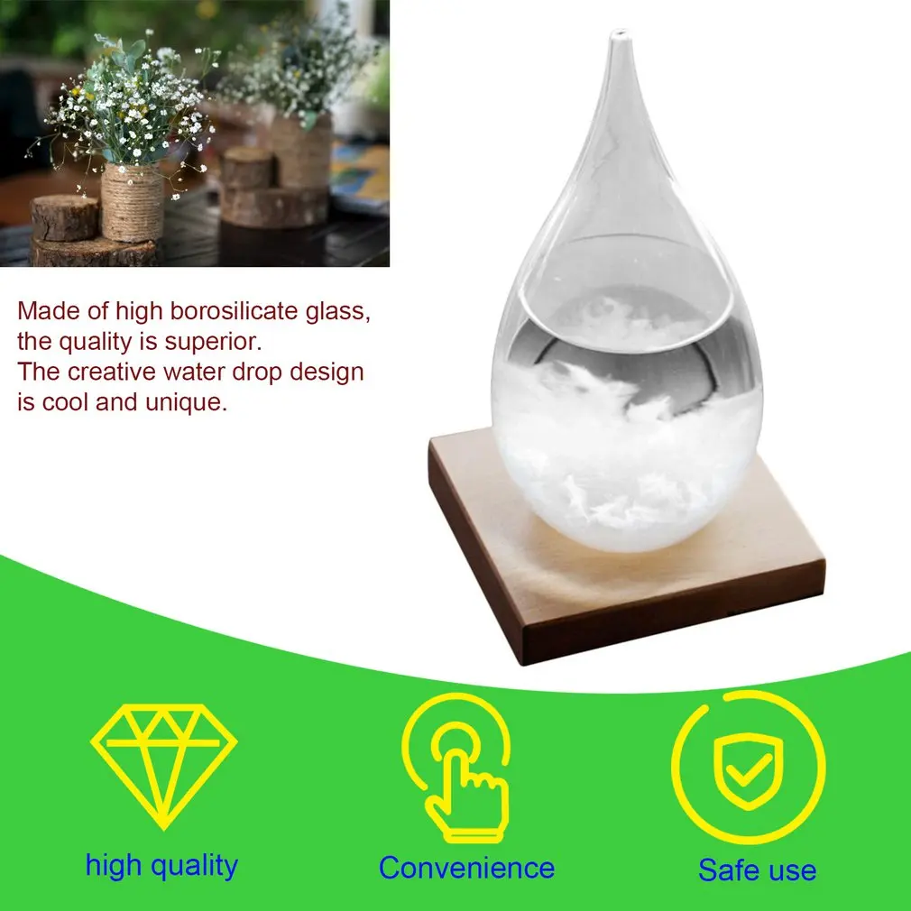 Mini botella de vidrio de tormenta de gotas de escritorio, Monitor de predicción del tiempo, barómetro con Base de madera para decoración del hogar