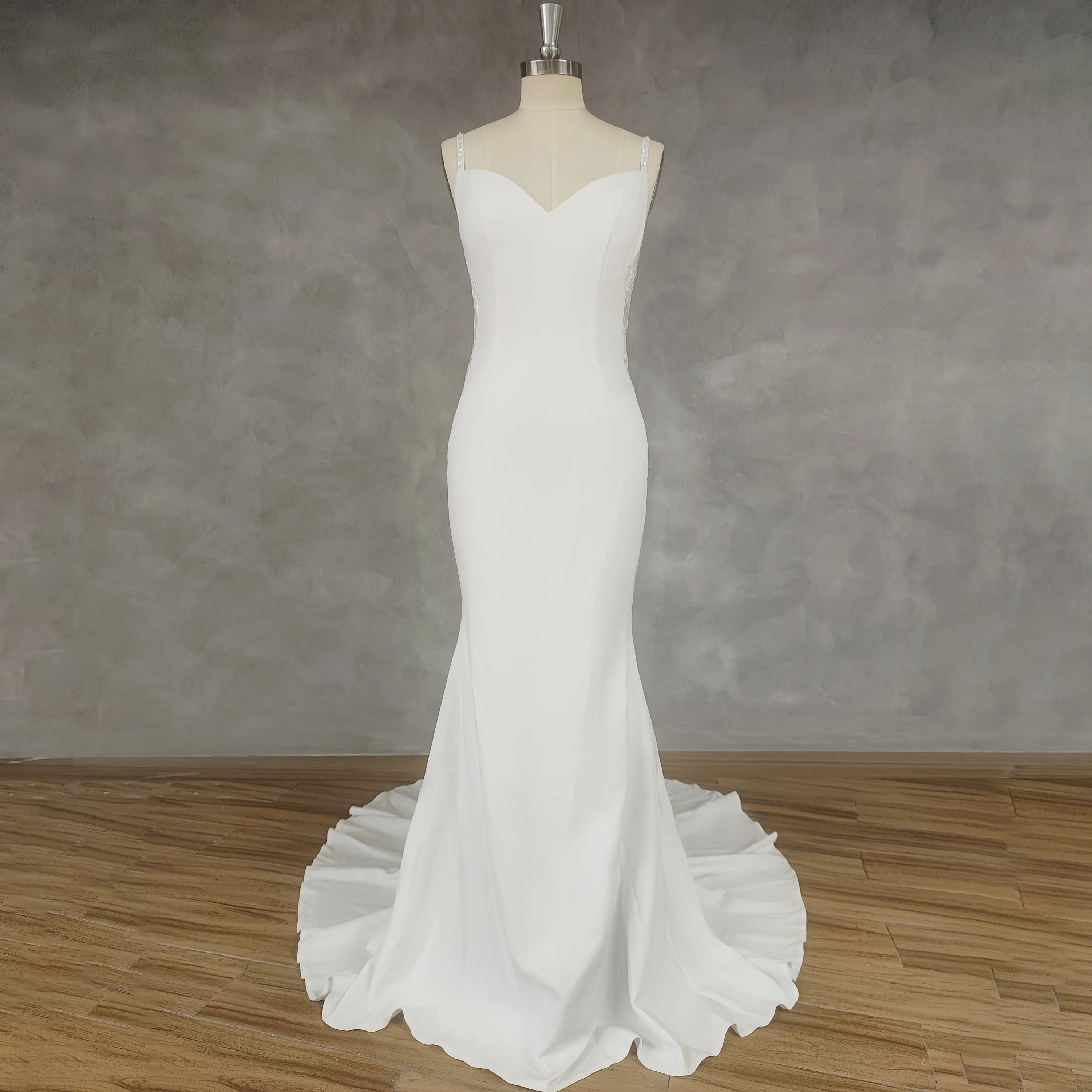 

DIDEYTTAWL Real Picture V-Neck Sleeveless Backless Crepe Mermaid Wedding Gown Lace Button Court Train Simple Bride Dress