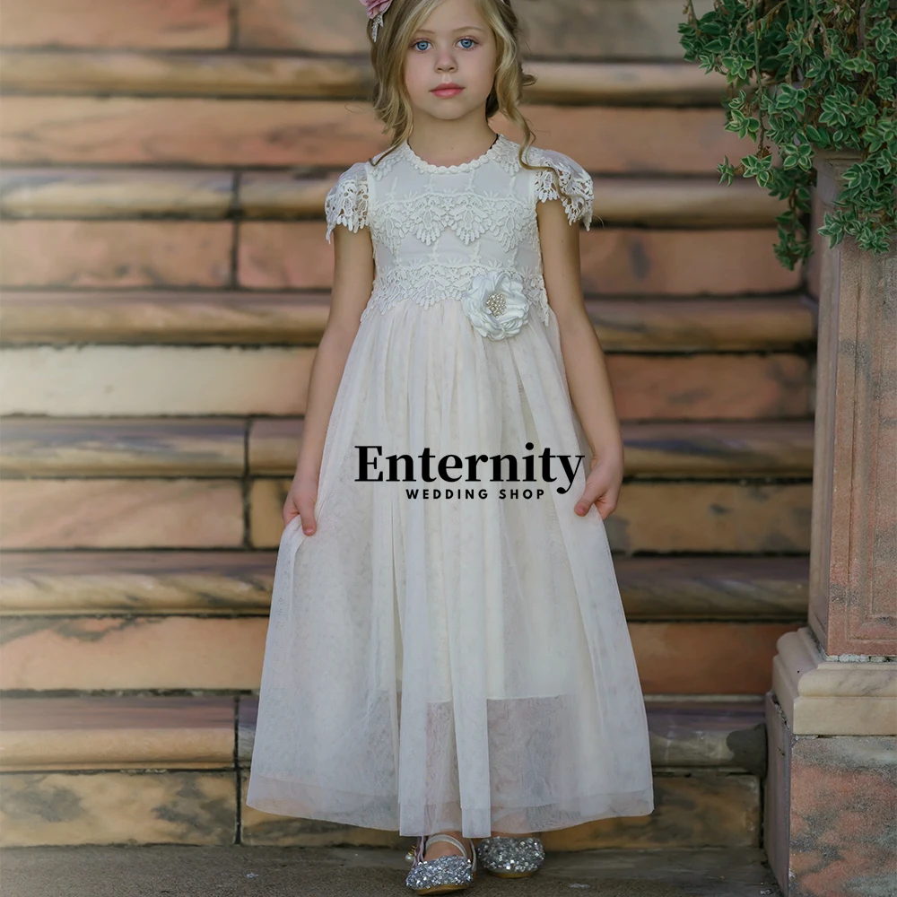 Boho Flower Girl O Neck A Line Dress, Cap Lace Sleeves, vestido de tornozelo alinhado, festa de aniversário, casamento, primeira comunhão