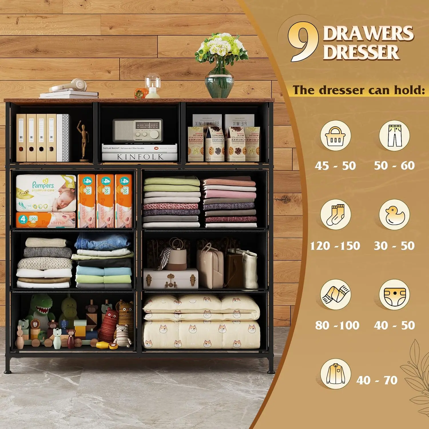 Kommode mit 9 Schubladen, Aufbewahrungsturm aus Stoff für Schlafzimmer, Flur, Schrank, hohe Kommoden-Organizer für Schlafzimmer mit Stoffbehältern
