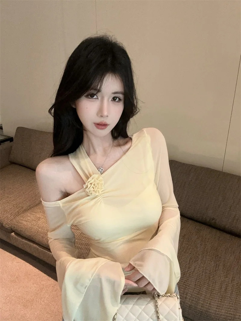 

Slim Fit Floral Lace Sleeve T-Shirt Korean Style Long Sleeve Outerwear Casual Commute Wind Net Design Bell Sleeve T-Shirt