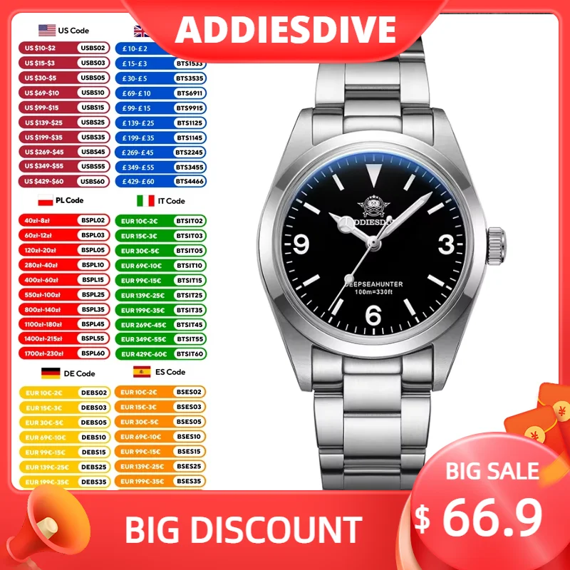 

ADDIESDIVE 36mm Luxury Quartz Watch Sapphire Bubble Mirror Black Dial Super Luminous 100M Waterproof Stainless Steel Men Watches