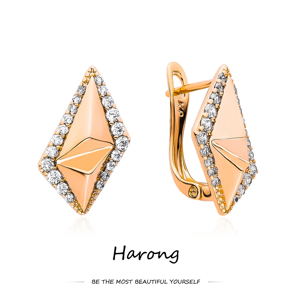 Boucles d'oreilles géométrique Harong en cuivre, couleur or Rose, cristal incrusté brillant, bijoux de mariage pour femmes et filles